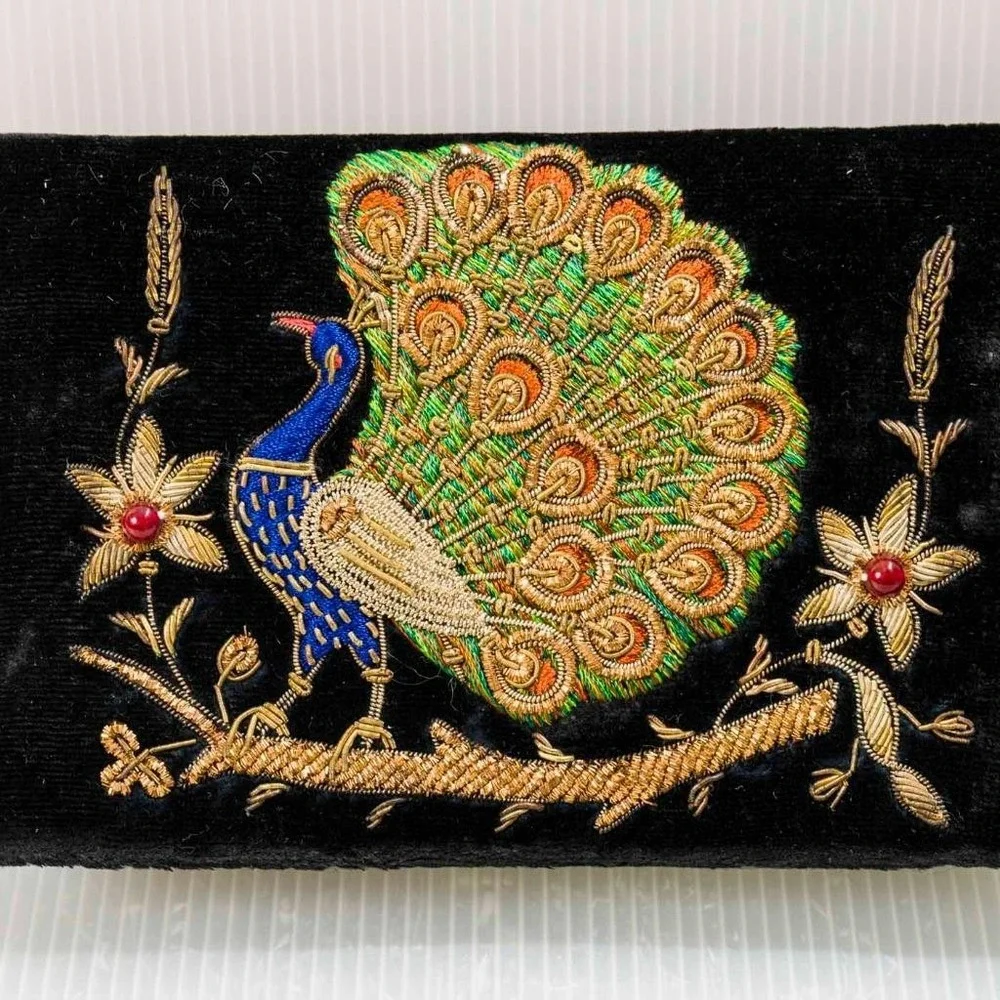 Vintage Stephen Richard Peacock Clutch Purse 1950s Black Velvet Embroidered Bag